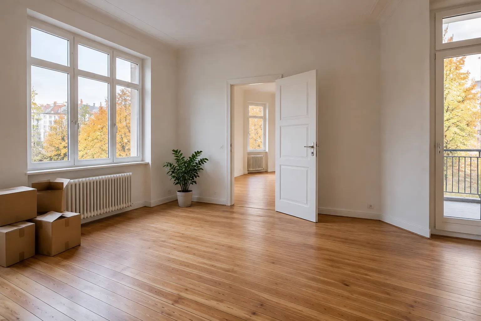 Unbeschriftete Umzugskartons in einer leeren Wohnung als mögliche Übergangslösung