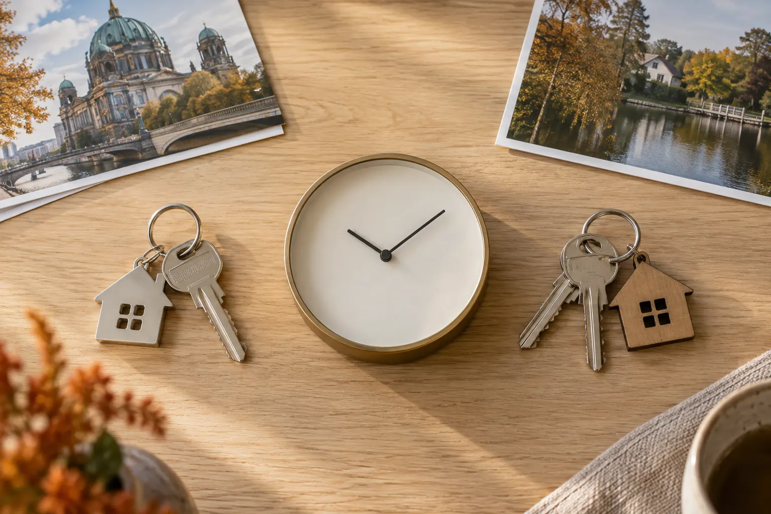 Zwei Schlüsselbunde und eine analoge Uhr veranschaulichen die zeitliche Lücke beim Immobilienwechsel